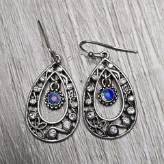 Teardrop Dangle Earrings Silver Tone Opal Blue Green 1 Inch Filigree costume