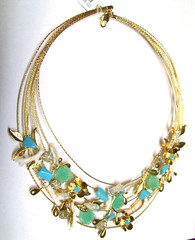 New Pretty (9) Strand Art Glass, Turquoise, White Coral, & Rhinestone Necklace