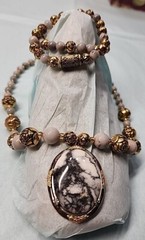 Handmade Jewelry Necklace Stretch Cord Gray Gold Rose Hardware 2 Bracelets