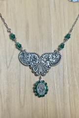 Vintage Inspired Necklace- Green Glass Gems, Glass Beads, 18” Chain, Silver Tone