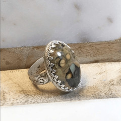 Ring, Boho Statement Sterling Silver Ring with Unakite, 7.5, NEW
