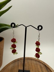 Red Rose Dangle Earrings 2.5″ Floral Statement Nickel Free Hook Romantic Jewelry