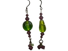 Handmade Beaded Drop/Dangle Earrings 2″L Purple & Green