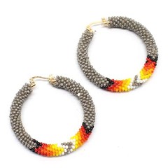 Handmade beaded Grey 2 inch Native style hoop earrings