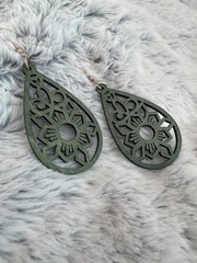 Handcrafted Green Teardrop Wood Cutout Dangle Drop Hook Earrings