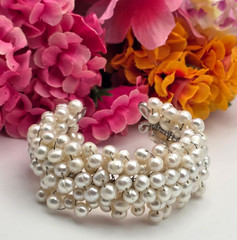 Artisan Freshwater Pearl Cluster Cuff Bracelet Silver Tone 7.5 In Adjustable