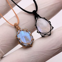 2 Pcs Natural Labradorite & Moonstone Gems Handmade Bohemian Macrame Necklaces
