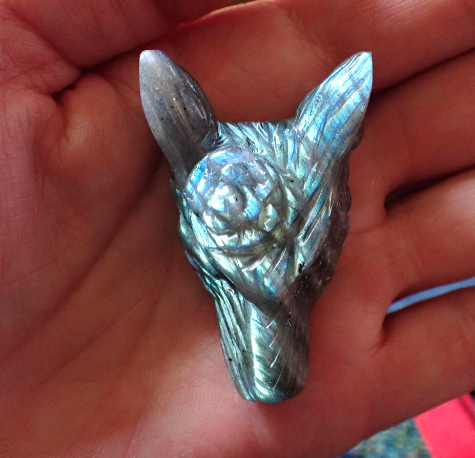 Labradorite ( Moonstone) Wolf / Dog Head Pendant Rose carved on forehead
