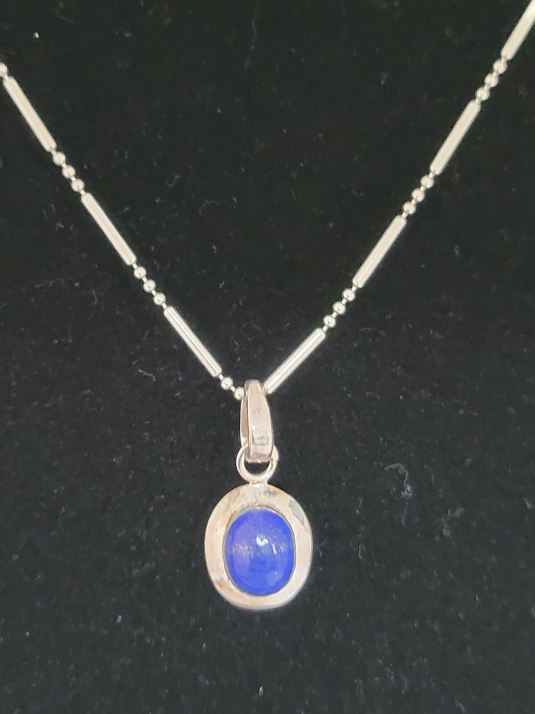Natural Lapis Lazuli Pendant Necklace 925 Sterling Silver 18″ Bead Bar