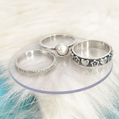 SET OF 3 Sterling Silver Stack Rings Crystal CZ Faux Pearl Hearts Size 6.5-7