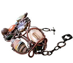 Artisan Bracelet Copper Wire Wrapped Semi-Precious Stones & Beads Estate Vintage