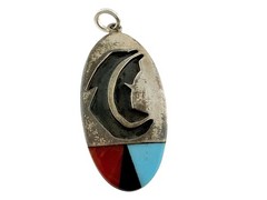 GS Mark Southwestern Sterling Silver Etched Feather with Gem Inlay Pendant Charm