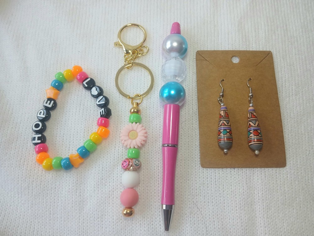 Handmade Beaded Pen, Beaded Keychain ,Bracelet, Earrings New Jewelry set