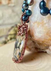 New Handmade Statement Necklace- Wire Wrapped Stone with Black Button Pearls