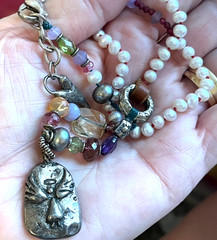 Jes Maharry Necklace Sundance Pearl Strand Gemstones Sterling 925 Angel Charm