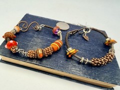 2 Pcs Artisan Handmade Bracelet Copper Tone Wire Glass Focal Beads Unique NOS A