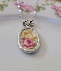 Vintage Pink Rose Broken China Jewelry, Hand-Soldered Oval Floral Necklace