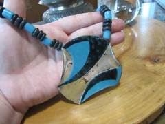 Anita Silverstein Copper Enamel pendant necklace. Wood beads, Blue