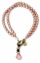 Pink Freshwater Pearl Bracelet Double Strand Gold Charm Signed