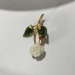 Vintage Rose Flower Brooch Carved White Rose Green Leaves Gold Tone Pin