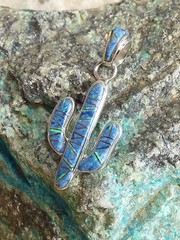 Southwest Saguaro Cactus Sterling Silver Denim Lapis Opal pendant handcrafted