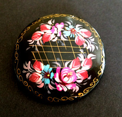 Cabbage Roses Brooch Pin Russian Black Lacquer Hand Painted Pink Blue Gold
