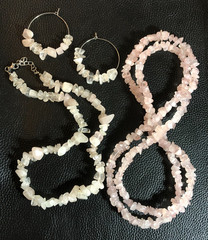 Natural Pink Rose Quartz Chip Nugget Gemstone Strand Necklace +Earrings Set 6144