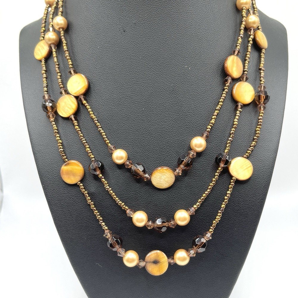 Golden Yellow Brown Mother of Pearl Seed Bead 3 Multi Strand Necklace 18″