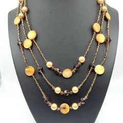 Golden Yellow Brown Mother of Pearl Seed Bead 3 Multi Strand Necklace 18″