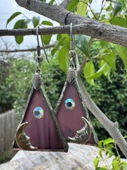 Handmade Stained Glass Moon Face Earrings Purple AB Crystal Celestial Artisan