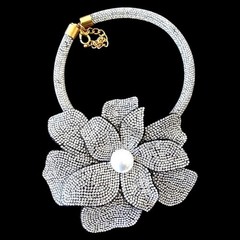 Pearl Centered Rhinestone-Encrusted Flower Pendant + Matching Crystal Choker
