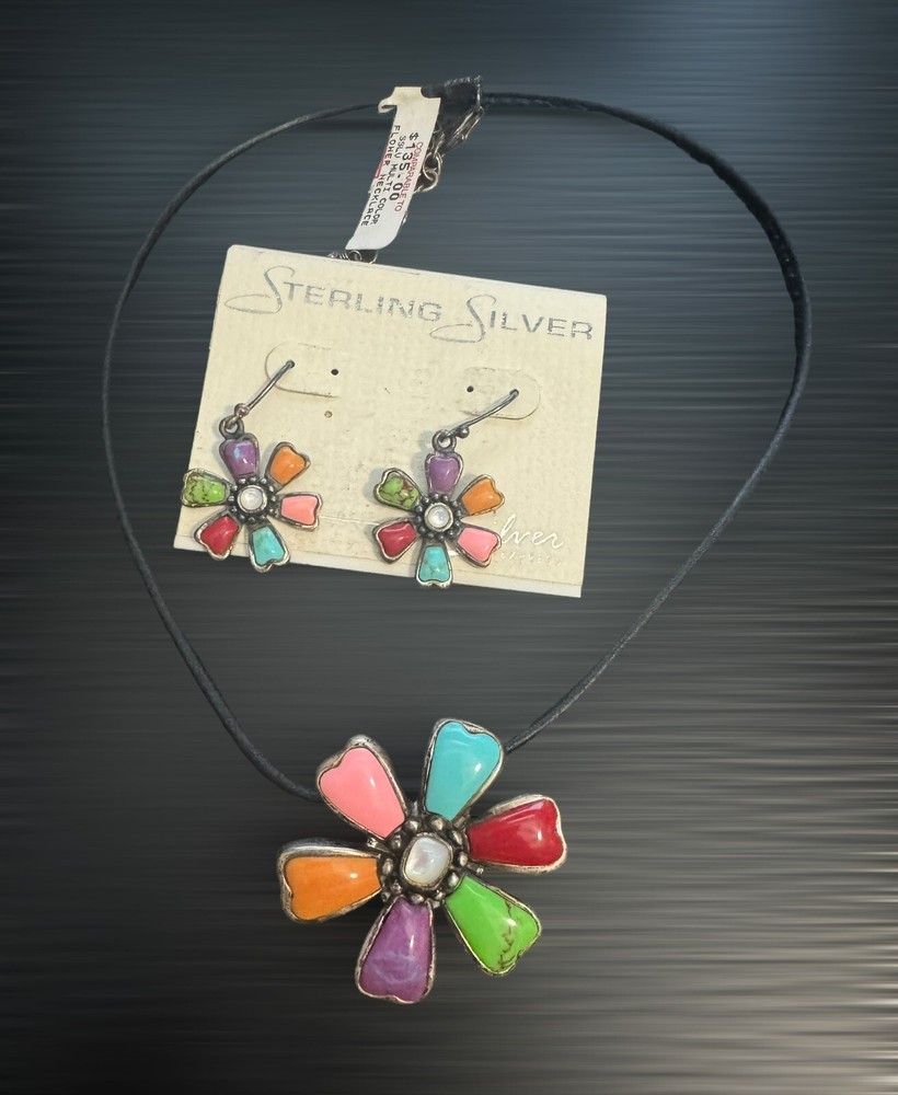 Sterling Silver Gemstone Inlay Necklace & Earring Set Retails For 200 New