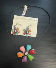 Sterling Silver Gemstone Inlay Necklace & Earring Set Retails For 200 New