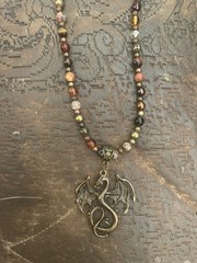Retro Gothic Dragon Brass Pendant Hematite Agate Crystal Jasper Bead Necklace