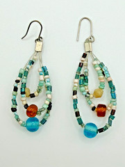 HANDCRAFTED BEADED TEARDROP DANGLE EARRINGS BLUE GREEN BROWN