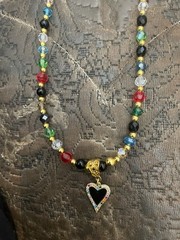 Retro Black Enamel 18k Gold Heart Pendant Red Blue Crystal Jet Bead Necklace