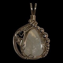 Rainbow Moonstone with Triangle Blue Tourmaline Facet Wire Wrapped Pendant GOD