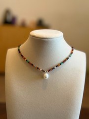 Handmade Mixed Natural Gemstone Necklace with Freshwater Pearl Pendant OOAK
