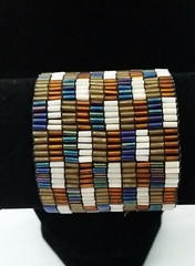 Handmade Bracelet GLASS BEADS BRONZE GOLD BLUE KHAKI BEIGE Tone 2 inch Stretch