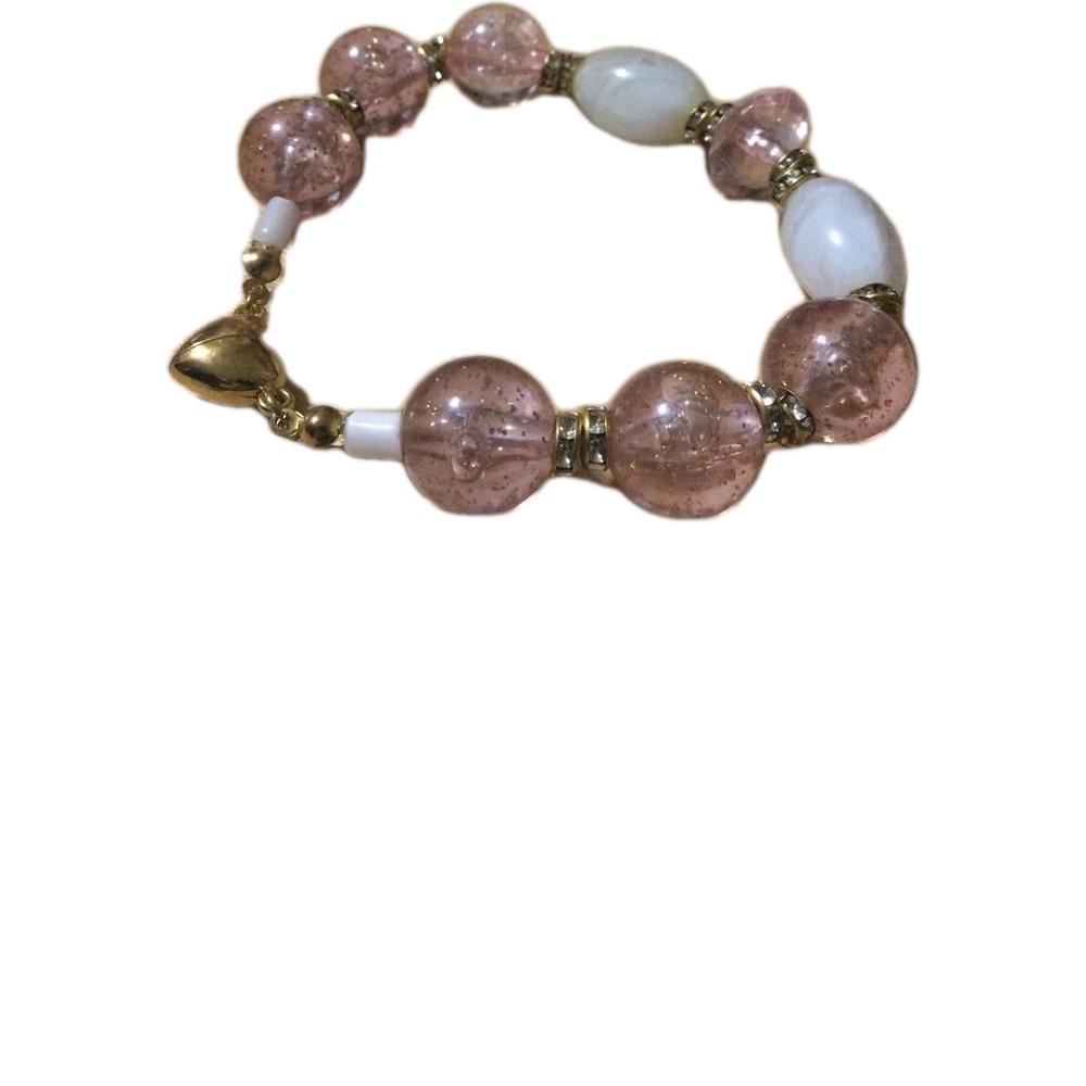 Handmade Elastic Bracelet-7 in-Plastic Beads w/Rhinestone Spacers. Magnetic.