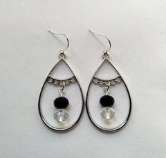 Black Clear Crystal Glass Beaded Teardrop Hoop Earrings Handmade Silver Tone