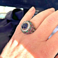ARRAUS 925 Silver Bronze Ottoman Statement Ring Size 7.5 Blue Sapphire Multi-Gem