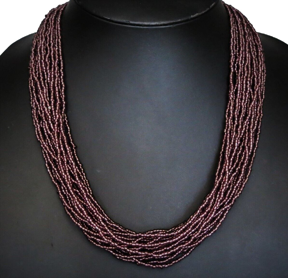 Handmade Necklace GLASS BEADS PURPLE CHAMPAGNE Tone 25 inch 20 Strands Adjust