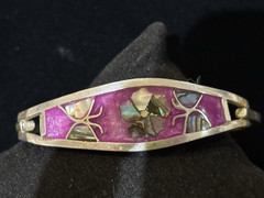 Vintage Alpaca Silver Hinged Bracelet Purple Inlay Abalone Flower Design