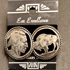 Vintage EJC 97 Pewter Buffalo Nickel Coin Earrings Cut-out Artist Signed