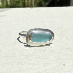 Aqua Teal Genuine Caribbean Sea Glass Sterling Silver Ring Size 8