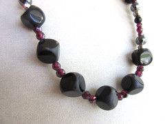 Vintage benchmade silver, faceted garnet, Onyx and hematite beaded necklace