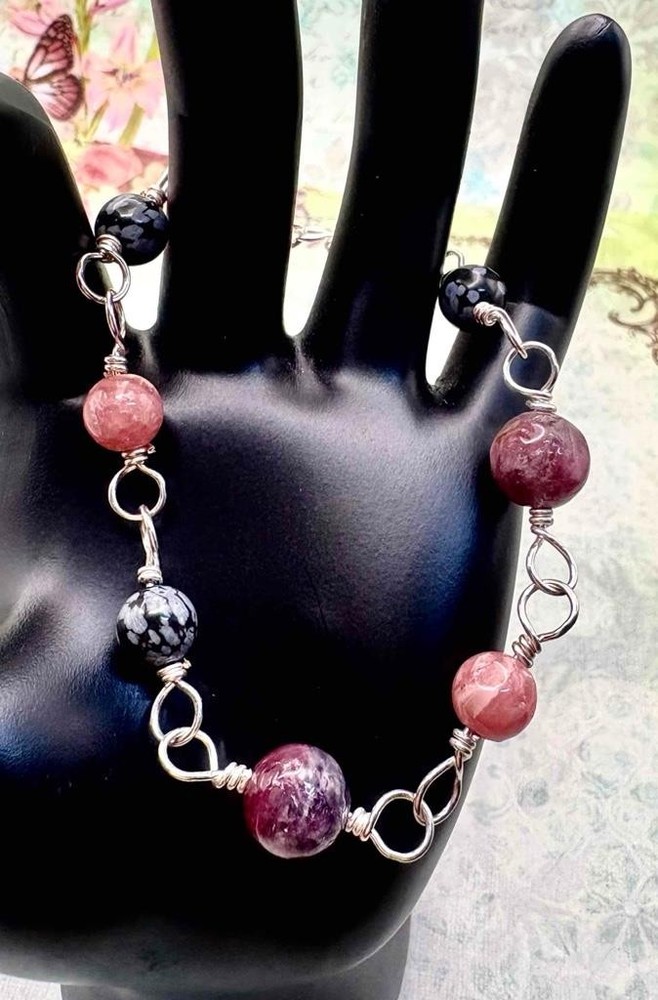 Sterling Silver Rhodochrosite Tourmaline Snowflake Obsidian Gemstone Bracelet