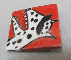 Rare POLLY COOK Red Ceramic 1.5” Brooch DOG IN SUNGLASSES AS-IS