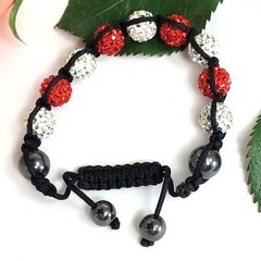 Women Gift Red & White Rhinestone Ball and Hematite Bead Macrame Bracelet 7-10″